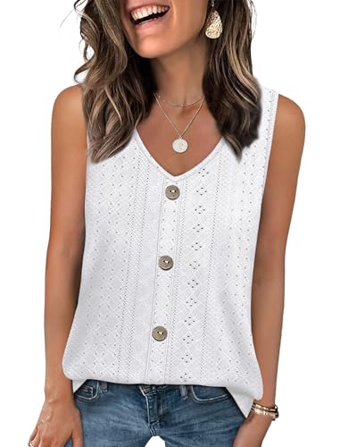 WIHOLL Tank Top for Women Trendy Flowy Beach Vacation Clothes Sleeveless Womens Summer Boho Tops Cruise Outfits Eyelet Dressy Casual Loose Fit White M