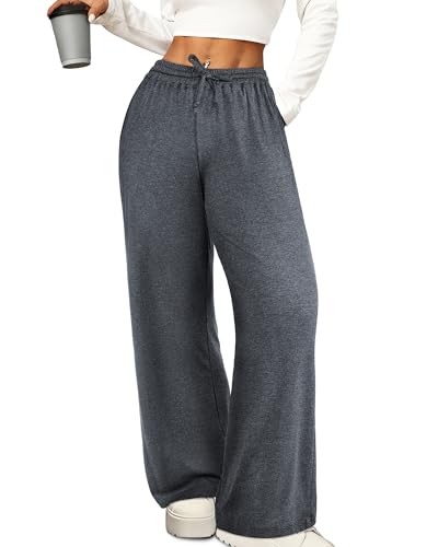 iesunny Wide Leg Pants Women Loose Pants with Pockets Lounge Casual Comfy Drawstring Trousers High Waisted XL Dark Gray