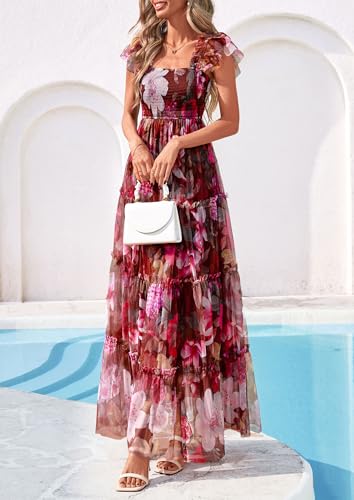 PRETTYGARDEN Women's Summer Tulle Midi Dress Sleeveless Smocked Ruffle Flowy Mesh Dresses Party Wedding Guest Sundress (Floral Brown Pink,Medium)
