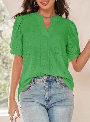 Dokotoo Shirts for Women Short Sleeve Lace Tops for Women Trendy 2026 Dressy Casual Blouses V Neck Summer Ladies Tops Business Casual Outfits for Womens Clothing Elegant Kelly Green Shirts for Women L