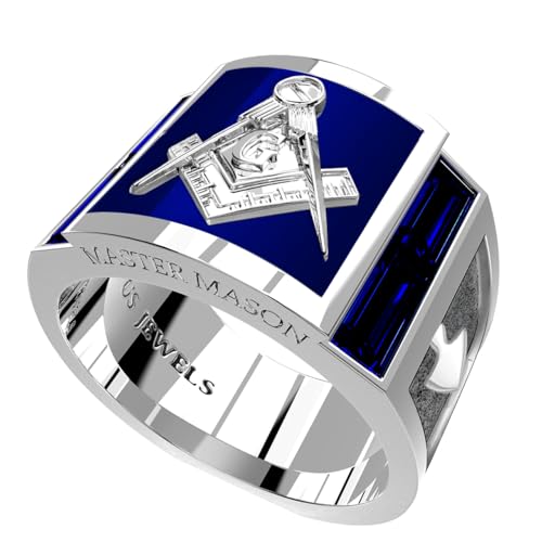 US Jewels Men's 925 Sterling Silver Synthetic Sapphire Master Mason Masonic Ring, Size 9