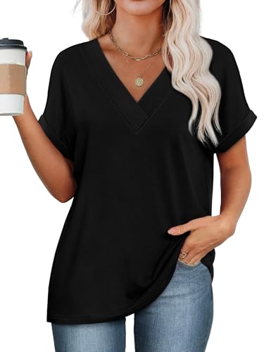 WIHOLL Plus Size Spring Clothes for Women 2026 Summer Blouses Trendy Clothing Short Sleeve Shirts V Neck Tops Black 3XL