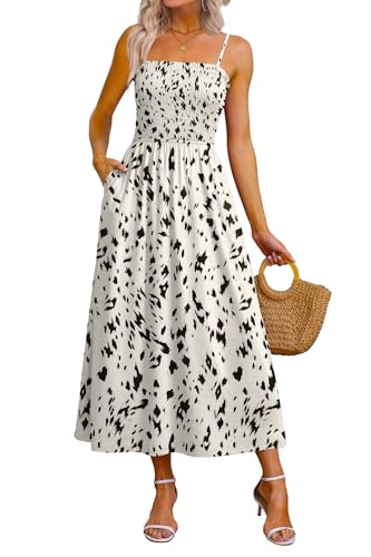OFEEFAN Womens Spaghetti Strap Maxi Dresses Smocked with Pockets 2026 Summer Spring Casual Boho Beach Long Sundresses