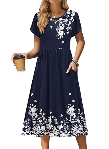 Zeagoo Women Summer Short Sleeve Midi Dress with Pockets Casual Aline Flowy Tshirt Dress Floral Vocation Beach Sundress