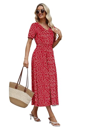 OFEEFAN Red Polka Dot Maxi Dresses for Women Ladies Summer Midi Sundresses Long Casual Dress Spring Beach Vacation Outfits Fashion Clothing 2026 Trendy Resort Wear A Line Flowy M