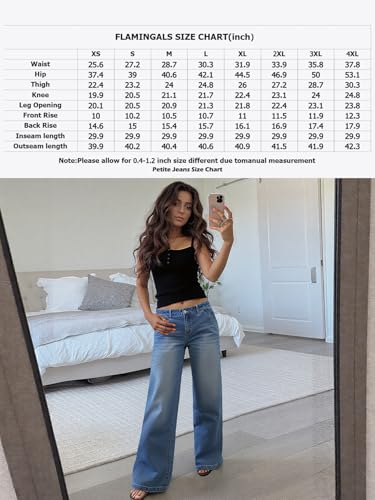 Flamingals Wide Leg Jeans for Women Mid Waist Baggy Stitch Decor Denim Washed Pants Without Belt Mid Blue M