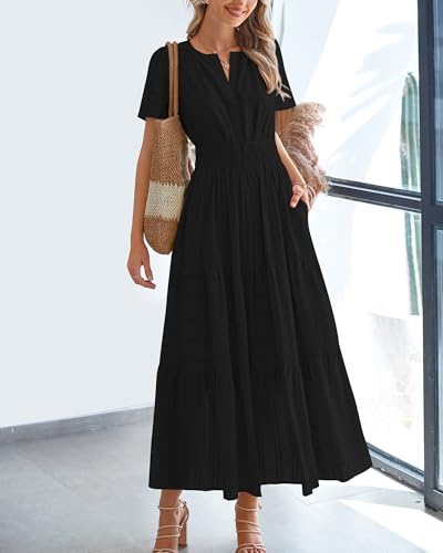BTFBM Womens Summer 2026 Casual Midi Maxi Dresses Lightweight Short Sleeve V Neck Elastic Waist Boho Beach Dress Pockets