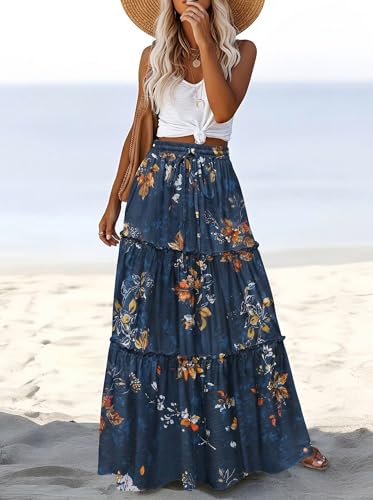 Zeagoo Womens Elastic High Waisted Skirts with Pockets Summer Long Maxi Skirts Women's Floral Printed A Line Skirts Womens Flowy Boho Tiered Skirts XL