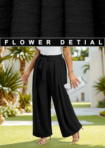 Lastshe Women's Plus Size Pants Wide Leg Work Casual Palazzo Flowy Elastic High Waisted Tie Knot Trousers with Pockets, Black, 3X