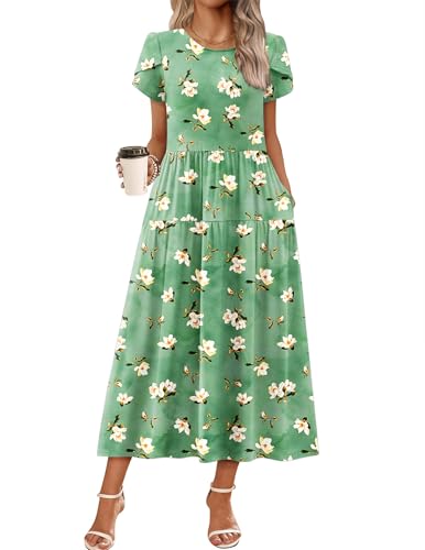 Zeagoo Summer Dresses for Women 2026 Maxi Bohemian Floral Short Sleeve Long Dress Casual Flowy Tired Beach Sundress Green Floral XL