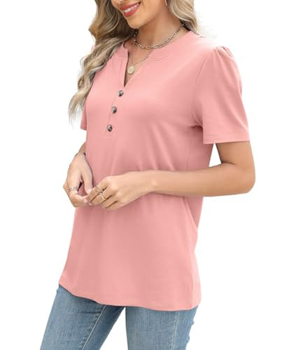 XMTOPYE Summer Outfits for Women 2026 Beach Fasion Short Sleeve Shirts Henley Neck T-shirts Dressy Casual Womens Blouses Coral Pink