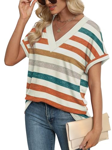 WIHOLL Plus Size Spring Clothes for Women 2026 Dressy Casual Short Sleeve Tops V Neck Shirts Business Beach Vacation Orange Stripes 2XL