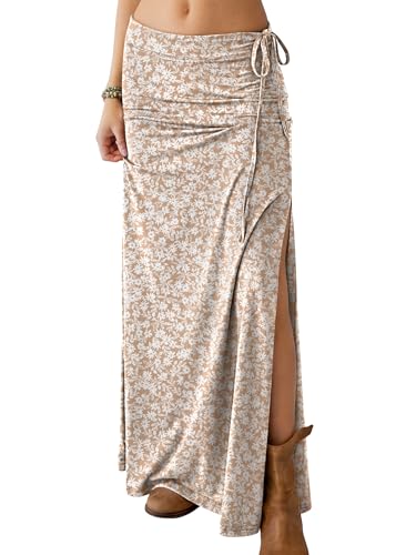 ANRABESS Womens Maxi Skirts High Waisted 2026 Summer Boho Floral Beach Flowy Side Slit Long Skirt with Adjustable Drawstring Floral Beige Large