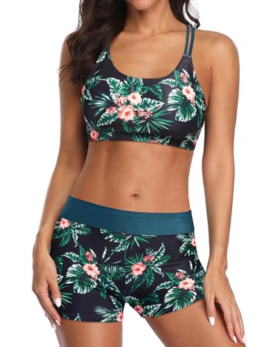Holipick Green and Flower 3 Piece Tankini Swimsuits for Women Tummy Control Bathing Suits Swim Tank Top with Bra Boy Shorts Teen Swimwear L