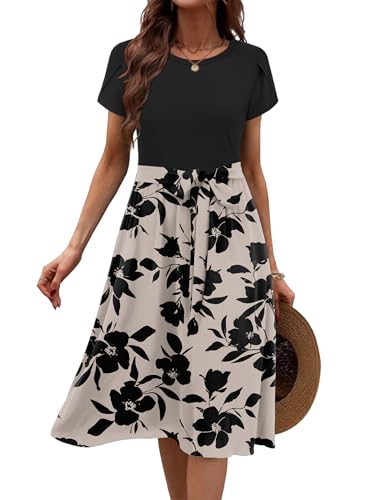 Zeagoo Womens Midi Dress Summer Short Sleeve Dress with Pockets 2025 Casual Floral T-Shirt Dress Flowy Beach Sundress