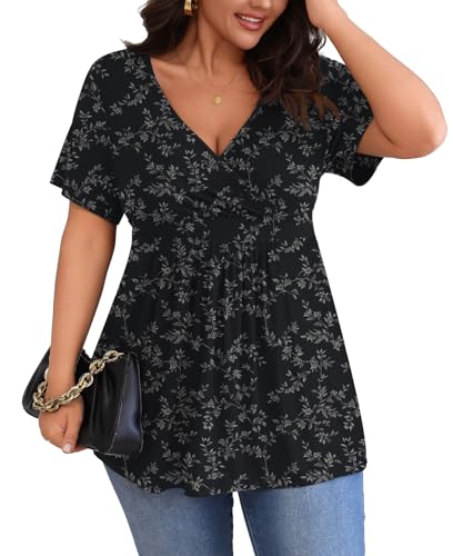 POSESHE Plus Size Tops for Women Short SleevesCasual Blouses Tunic Tops Plus Fashion Soft Tunic Tops,Black White Floral,3XL