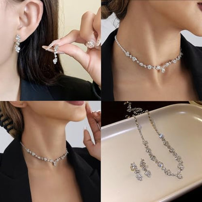 Tatibana Crystal Wedding Jewelry Set, Silver Necklace Earrings, Bracelet Crystal Bridal Wedding Jewelry Sets, For Brides Prom Costume Accessories or Party Accessories