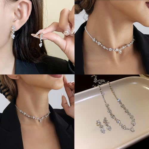 Tatibana Crystal Wedding Jewelry Set, Silver Necklace Earrings, Bracelet Crystal Bridal Wedding Jewelry Sets, For Brides Prom Costume Accessories or Party Accessories