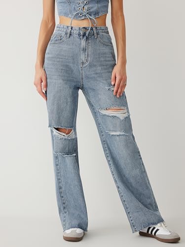 CIDER Women’s Ripped Jeans High Waisted Distressed Baggy Straight Wide Leg Pants: Denim, M