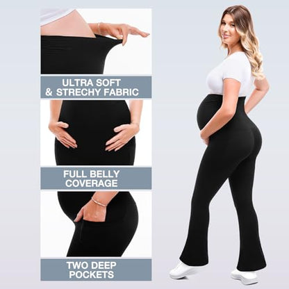 Leafigure Maternity Flare Leggings with Pockets Over The Belly Yoga Pants for Workout Soft Pregnancy Activewear Black XL