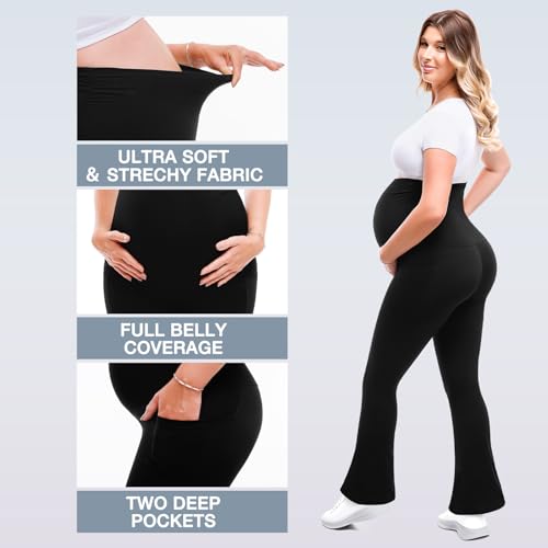Leafigure Maternity Flare Leggings with Pockets Over The Belly Yoga Pants for Workout Soft Pregnancy Activewear Black XL