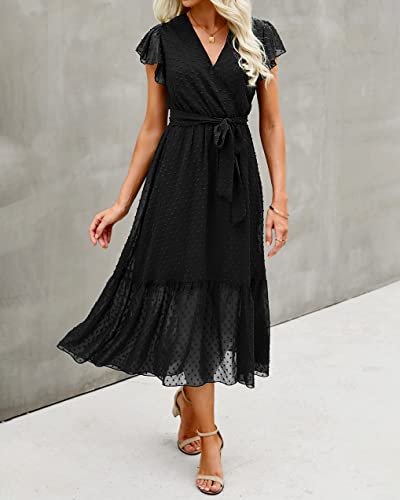 BTFBM Women Summer Bohemian Floral Casual Wrap V Neck Ruffle Cap Sleeveless Belt A-Line Pleated Hem Swing Midi Sun Dress (Swiss Dot Black, l)