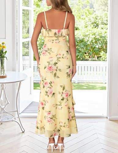 MEROKEETY Summer Floral Wedding Guest Maxi Dress Womens 2026 Spring Formal Bodycon Ruffle Spaghetti Strap Cocktail Long Dress, Yellow, X-Small