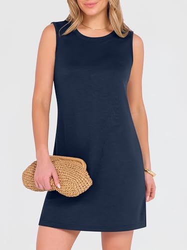ANRABESS Womens Summer Casual Mini Dresses 2026 Sleeveless Crewneck Split Wrinkle-Free Beach Travel Vacation Short Sundress Navy Blue Medium