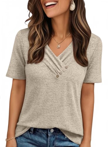 AUTOMET Womens Blouses Short Sleeve Swater Tops Summer Spring Outfits 2026 V Neck Sweaters Button Shirts Dressy Casual Khaki M