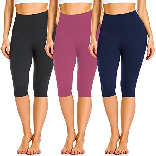 FULLSOFT 3 Pack Women's Knee Length Leggings-High Waisted Capri Pants Biker Shorts for Women Yoga Workout Exercise Under Dress Shorts Women's Activewear Summer(Black,Pink,Navy Blue,Large-X-Large)