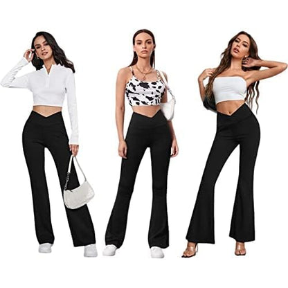 DLOODA Women's Flare Leggings with Pockets-Crossover High Waisted Bootcut Yoga Pants-Tummy Control Bell Bottom Leggings Black
