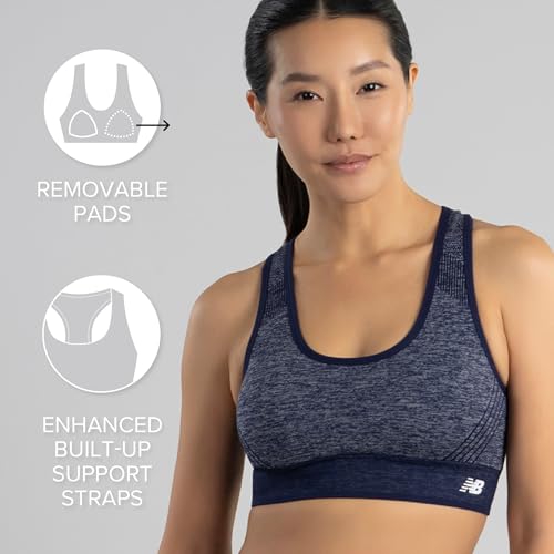 New Balance Women's Seamless Racerback Sports Bra, Medium Impact, Women's Activewear Gym Bras, Removable Pads, Dark Blue, M