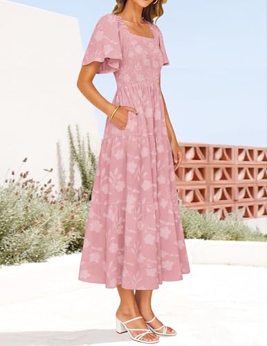 ZESICA Women‘s Summer Boho Floral Midi Dress 2026 Casual Short Sleeve Square Neck Flowy Beach Vacation Long Dress,Pink,Small