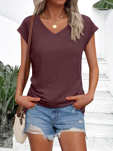 AUTOMET Womens V Neck T Shirts Spring Summer Cap Sleeve Basic Tees Trendy Cute Tops for Work Dressy Casual Beach Vacation Wine Red L