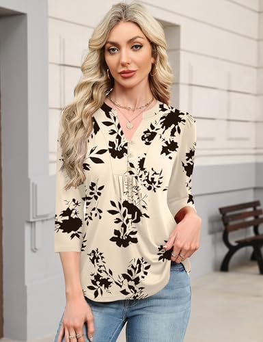 IECCP Womens Tops Dressy Casual Blouses Business Casual 2025 Summer 3/4 Sleeve Shirts Cute V Neck Puff Pleated Tunic Top (Apricot Black Floral,XL)