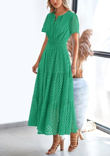 PRETTYGARDEN Womens 2025 Summer Maxi Dress Short Sleeve V Neck Hollow Out Eyelet A Line Long Flowy Beach Vacation Dresses (Green,Large)