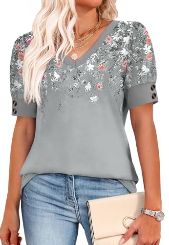 Womens Blouses Dressy Casual Short Sleeve Shirts Spring Business Work Floral Summer Tops Plus Size Fashion Clothing V Neck Tshirts Grey 2XL