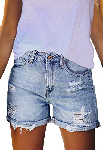 Pink Queen Ripped Jean Shorts for Women Spring Mid Waist Stretchy Denim Hot Shorts Distressed Rolled Hem Frayed Short Jeans with Pockets Blue L