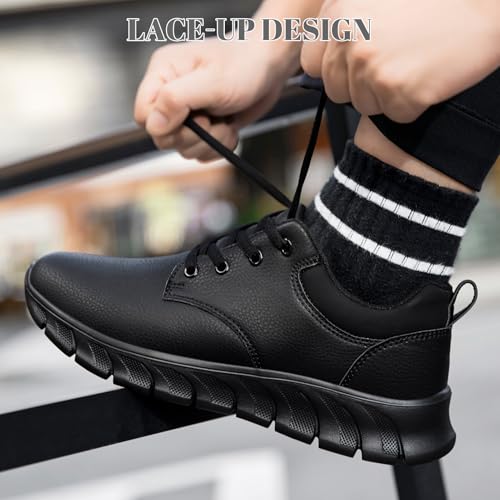 Mens Non Slip Work Shoes Waterproof Oil-Proof PU Leather Food Service Restaurants Kitchen Chef Shoes Comfy Walking Sneakers Lightweight Classic Stylish Casual Office Footwear A All Black