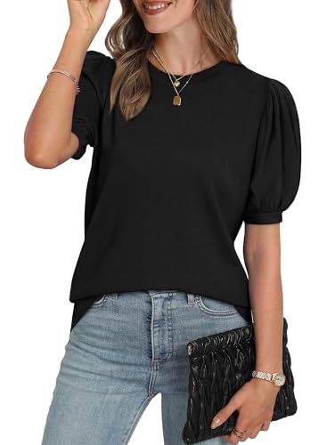 Womens Summer Tops Puff Short Sleeve T Shirts 2026 Soft Spring Cute Tops Dressy Casual Trendy Work Teachers Blouses Cruise Vacation Outfits Business Casual Tops for Women Clothing Black Sweaters L