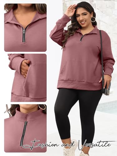 TAKEYAL Womens Quarter Zip Plus Size Sweatshirt Pockets Oversized Drop Shoulder Crewneck 2025 Fall Spring Clothes (Dark Pink, 3XL)