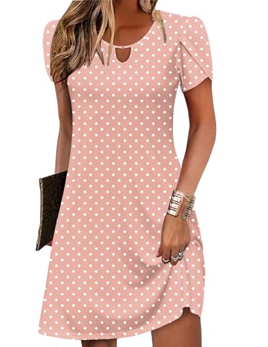 Zeagoo A Line Dresses for Women T Shirts Dress Short Sleeve Shift Dresses Womens Flutter Dress 2026 Knee Length Floral Sun Dresses Round Dot XL