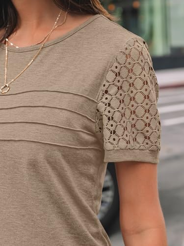AUTOMET Short Sleeve Shirts for Women Summer Tops 2026 Spring Fashion Dressy Casual Outfits Lace Trendy Top Cute Work T Shirt Business Vacation Clothes Blouses Khaki L