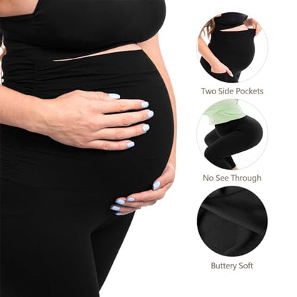 Walifrey Women's Maternity Leggings with Pockets Over The Belly,Pregnancy Yoga Pants Activewear Workout Leggings Black S