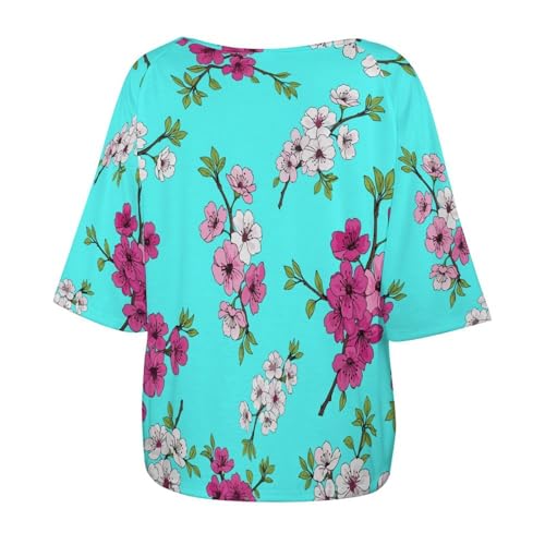 Off Shoulder Mid Sleeve Top Flowy Soft Women's Shirt Daily Wear Fashion Spring Blossom Cherry Peach Flower Pattern 3XL