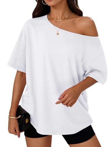 Trendy Queen Womens Off The Shoulder Tops Oversized T-Shirts Short Sleeve Tees Summer 2026 Casual Spring Clothes Workout Gym Y2k Cute Going Out Plus Size Fashion Clothing White 3XL