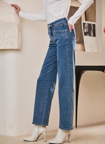 Sidefeel Women's Wide Leg Jeans High Waisted Stretchy Jeans Straight Leg Zimbaplatinum Ankle Denim Pants with Slant Pockets Blue Size 12