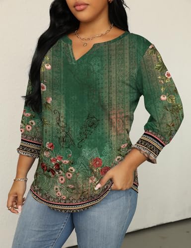 TFSDOD Boho Tops for Women Spring Fashion 2026 3/4 Sleeve V Neck T Shirts Womens Tops Plus Size Western Wear for Women Boho Green 3X