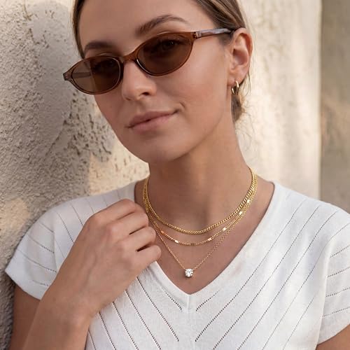 WomenGifts Layered Gold Necklaces for Women, 14K Gold Plated Dainty Cute Pendant Necklace Jewelry Set, Chunky Stackable Cuban Chain Choker Collar, Trendy Waterproof Non Tarnish Jewelry Gift for Mom