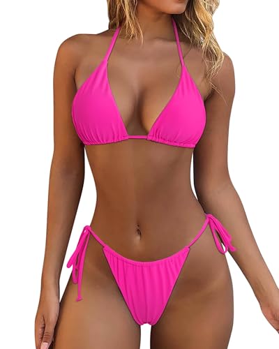 Women Sexy Triangle Bikini Set String Color Block Swimsuits Double Straps 2 Piece Bathing Suits Pink